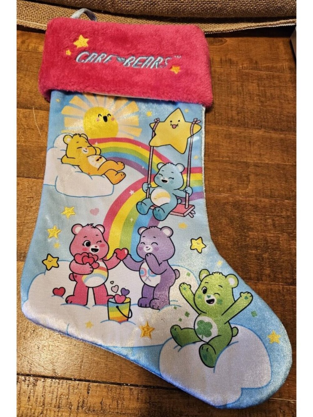 Care Bears Velour Christmas Stocking W/ Sunshine ,Share, Cheer, Good Luck, Bear